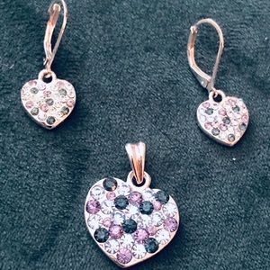 Blue Rhinestone Heart Pendant and drop Earrings